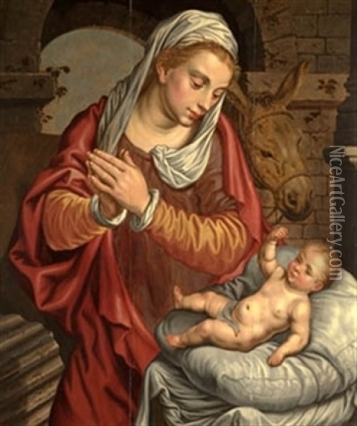 Virgen Con Nino En Pesebre Oil Painting - Pieter Aertsen