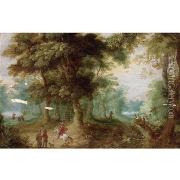 A Wooded Landscape With Huntsmen In The Foreground Oil Painting - Jasper van der Laanen