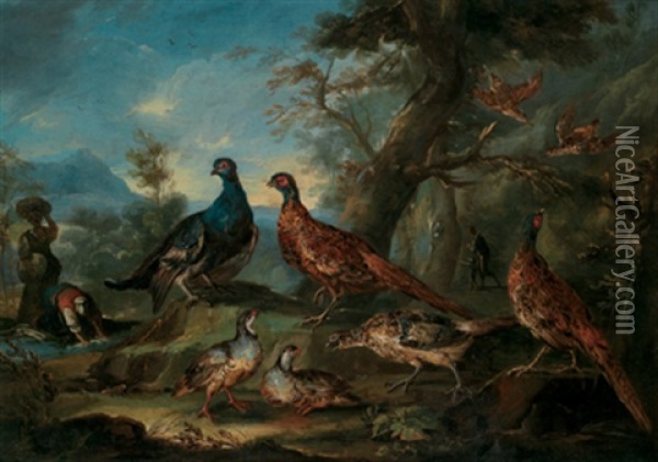 Eine Gruppe Von Fasanen Und Wachteln In Einer Weiten Landschaft, Im Hintergrund Wassertrager Oil Painting - Giovanni (Crivellino) Crivelli