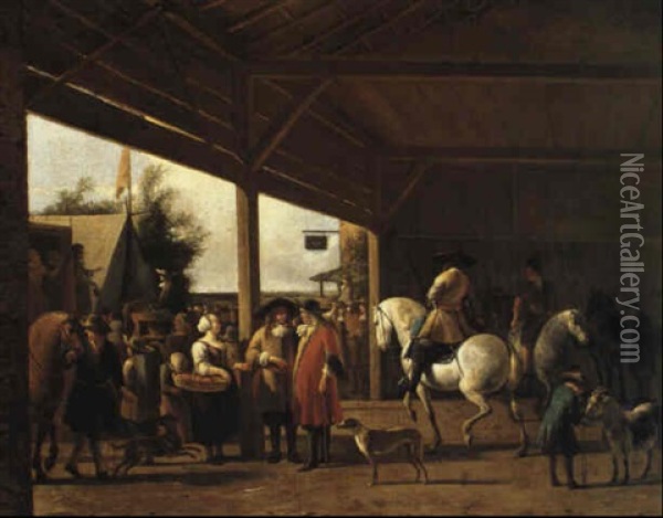 Cavaliers And Other Figures At A Market Oil Painting - Gerrit Adriaensz Berckheyde