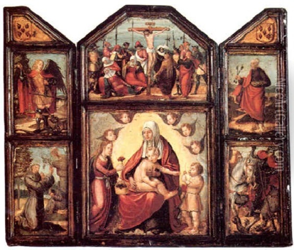 The Madonna And Child With The Infant Saint John The Baptist Ans St. Rosalie, With Seraphim Oil Painting - Hans Burgkmair the elder