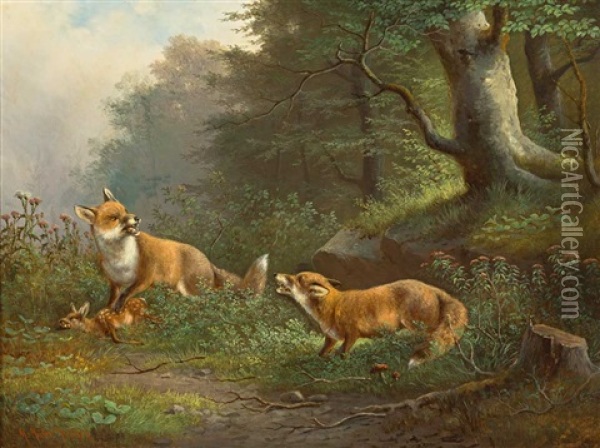 Zwei Fuchse Mit Rehkitz Vor Waldhintergrund Oil Painting - Moritz Mueller the Elder
