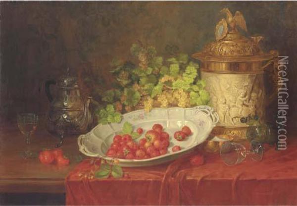 Strawberries, Grapes And An Ornamental Jug On A Draped Table Oil Painting - Carl Thoma-Hofele