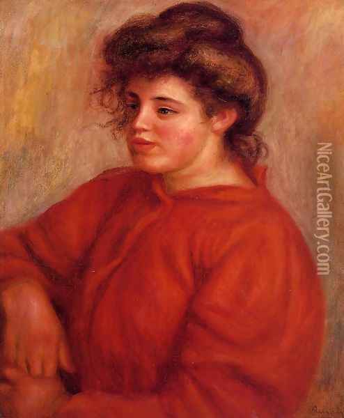 Woman In A Red Blouse Oil Painting - Pierre Auguste Renoir