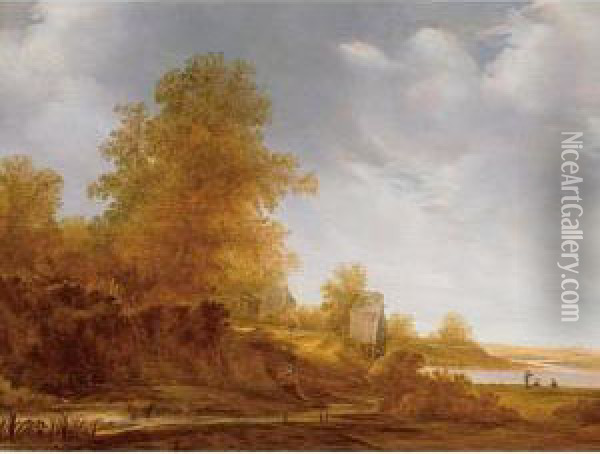 River Landscape With Figures Fishing In The Distance Oil Painting - Jacob van Mosscher