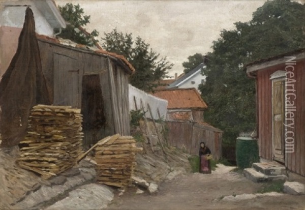 Woman Walking In A Small Town Oil Painting - Wilhelm Holter