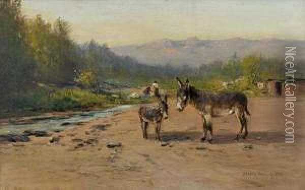 Two Burros On The Cripple Creek Road Oil Painting - Harvey Otis Young