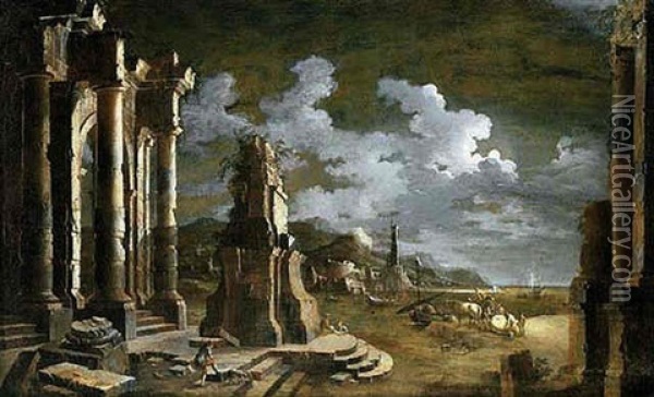 Figures Amongst Ruins In A Moonlit Mediterranean Port Oil Painting - Leonardo Coccorante