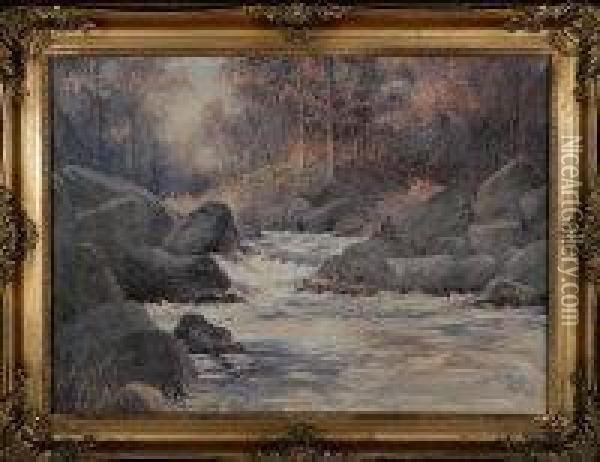 A Tree-lined River In Autumn Oil Painting - John Gutteridge Sykes