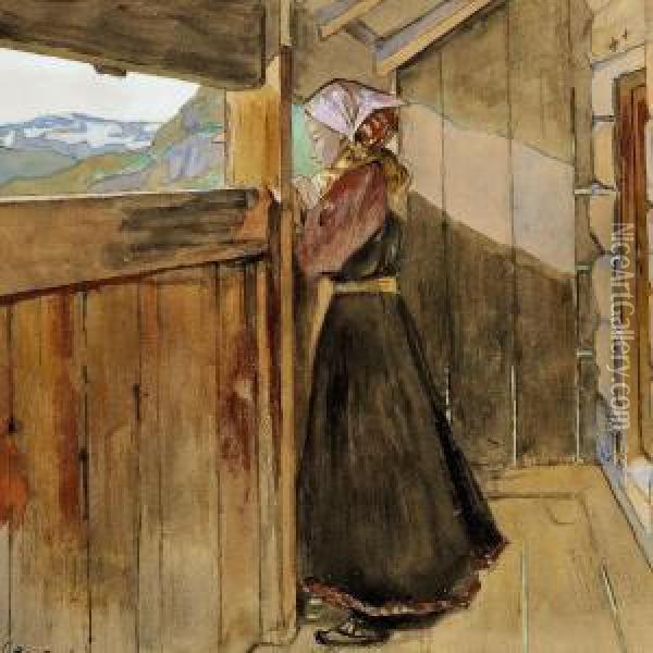 A Young Girl Looking Out Of A Cabin In Hallingdal Oil Painting - Gerhard Peter Frantz Munthe