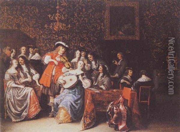 An Elegant Company Playing Music And Merrymaking In An Interior Oil Painting - Anthonie Palamedesz