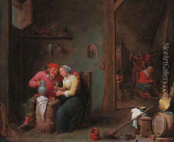 A courting couple in an inn Oil Painting - David The Younger Teniers