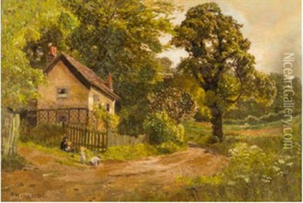 Children By A Cottage In A Summer Landscape Oil Painting - Edward Henry Holder