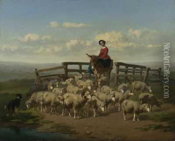 Schaferin Auf Einem Esel Inmitten Ihrer Herde An Einem Sommertag Oil Painting - Edouard Woutermaertens