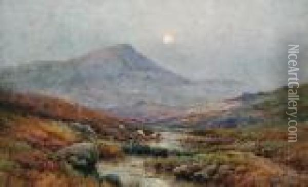 Moonrise, Taw Marsh, Dartmoor Oil Painting - Alfred de Breanski