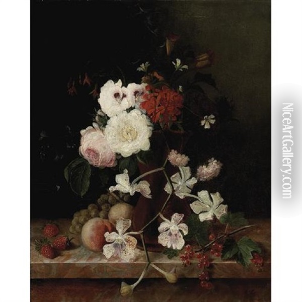 A Still Life With Flowers In An Earthenware Vase With Strawberries And Red Currants On A Ledge Oil Painting - Jan Van Huysum