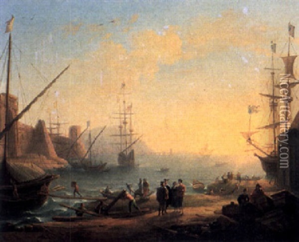 Meeresufer Mit Ankernden Schiffen Bei Sonnenuntergang Oil Painting - Claude Lorrain