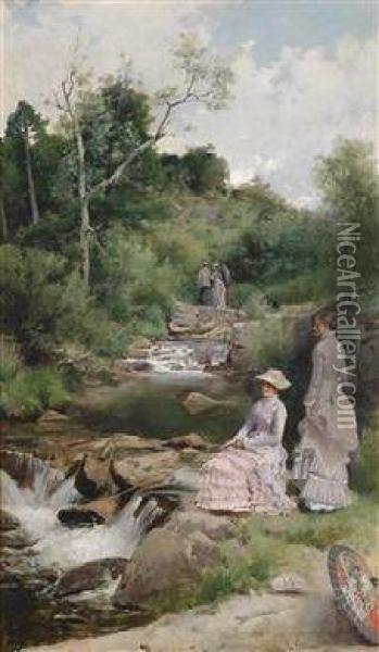 Two Anglers With Parasol By The Stream Oil Painting - Enrique Estevan Y Vicente