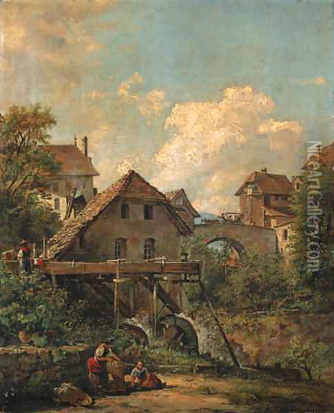 Continental Views Women by a watermill Oil Painting - Jacob George Strutt
