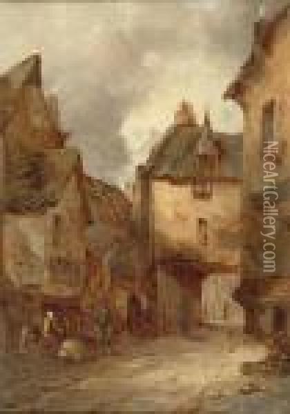 A Continental Street Scene Oil Painting - Alfred Montague