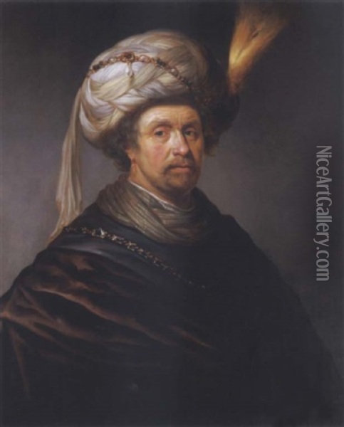 Portrait Of A Man Wearing A Plumed Turban And A Chain Of Office On A Brown Cloak Oil Painting - Daniel De Koninck