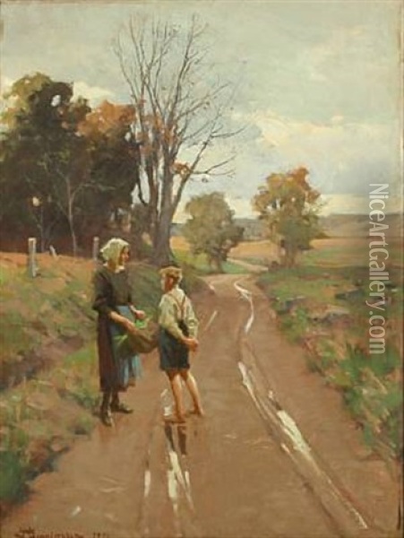Woman And Boy On The Road Oil Painting - Erik Ludwig Henningsen