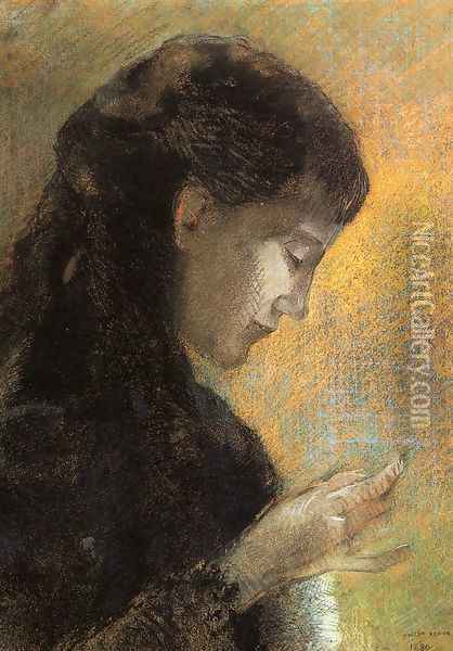 Portrait Of Madame Redon Embroidering Oil Painting - Odilon Redon