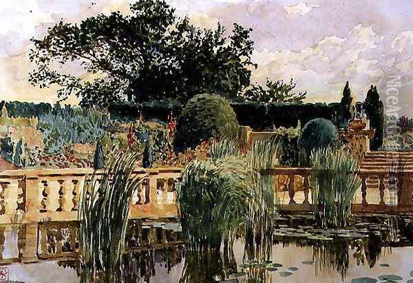 The Water Garden, Easton Lodge, near Great Dunmow, Essex, 1909 Oil Painting - Walter Crane