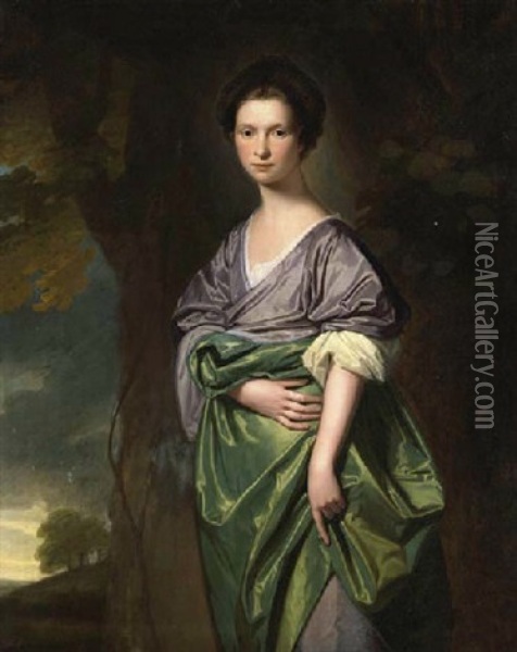 Portrait Of Mrs. James Fletcher In A Lilac Dress With A Green Wrap, In A Wooded Landscape Oil Painting - George Romney