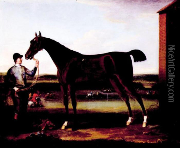 Lord Portmore's Victorious Held By A Groom At Newmarket Oil Painting - John Wootton