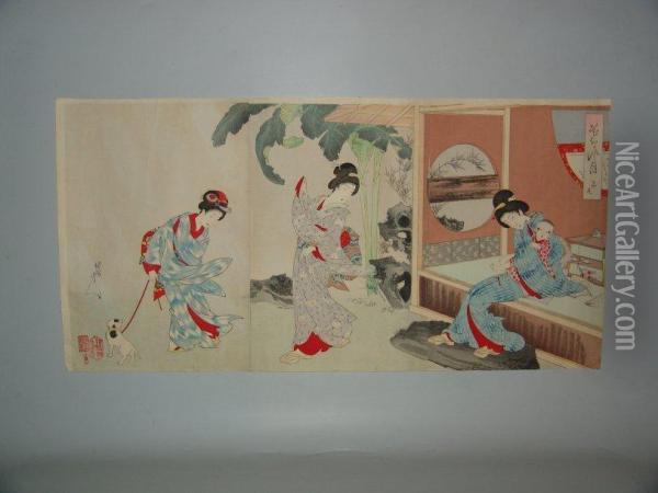 Triptyque Oil Painting - Yoshu Toyoharu Chikanobu /