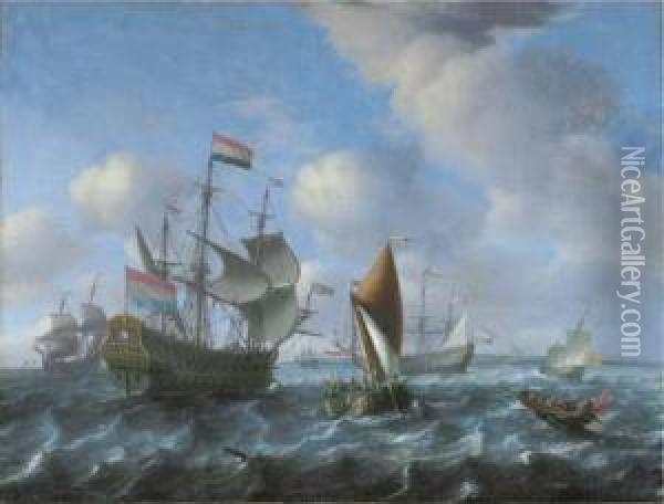 A Man-o'-war, Possibly Het Wapen
 Van Utrecht, A Wijdschip And A Spiegelsloep In A Stiff Breeze Oil Painting - Aernout Smit