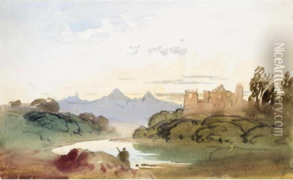 A Shepherd By A River At Dusk With A Castle And Mountains Beyond Oil Painting - John Varley