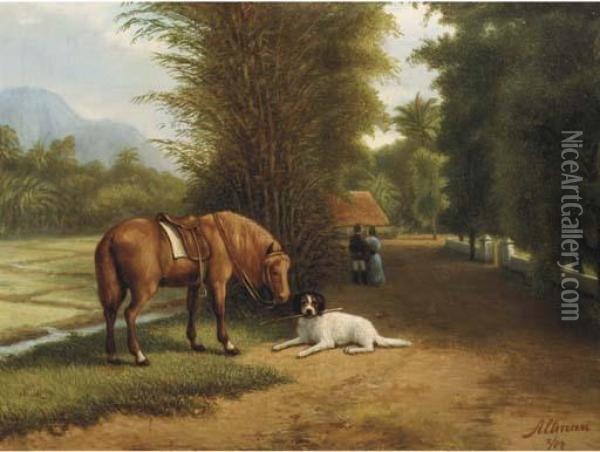 Indonesian Landscape With Horse And Dog Oil Painting - Dirk G. Altman