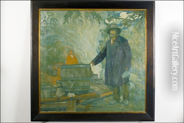 Pontikankeitto (hembranning) Oil Painting - Joseph Alanen