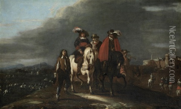 Soldiers Departing For The Battlefield; And Officers Approaching A Fortified Village, With A Battlefield In The Distance (pair) Oil Painting - Jacques Courtois