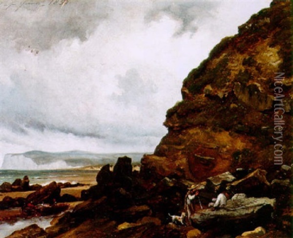 A Rocky Coastal Landscape At Cape Gurney With Figures In The Foreground Oil Painting - Alexandre Thomas Francia
