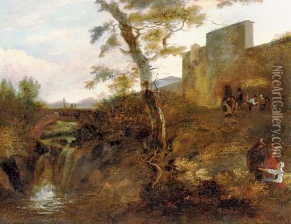 A Mountainous Italianate 
Landscape With Figures Conversing Outside A Walled Town, A Waterfall And
 Bridge Beyond Oil Painting - Jan Both