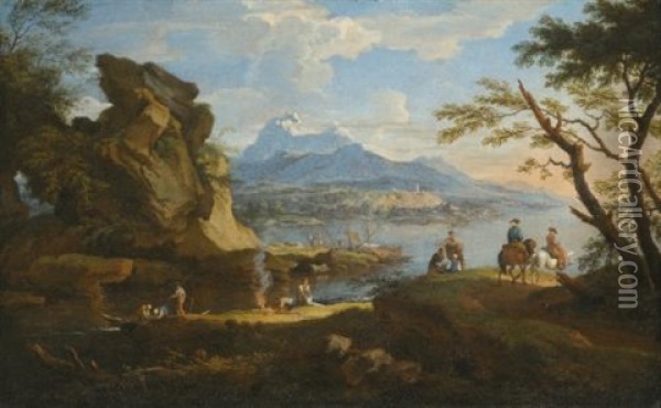 A Harbour Scene With Fishermen Returning To Shore, Some Travellers Setting Up Camp, And Two Riders On A Pass, Mountains Beyond Oil Painting - Jacob De Heusch