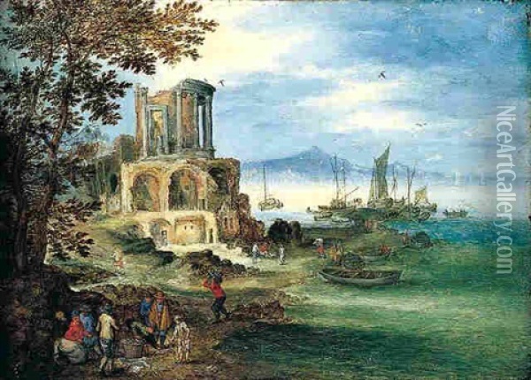 A Coastal Landscape With The Temple Of Vesta Oil Painting - Jan Brueghel the Elder