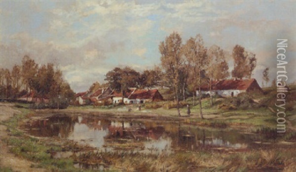 Cottages By A Pond In A Valley, With Washerwomen Bleaching Linen Oil Painting - Theodore Baron