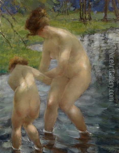 Bathing Mother And Child Oil Painting - Vitaly Gavrilovich Tikhov