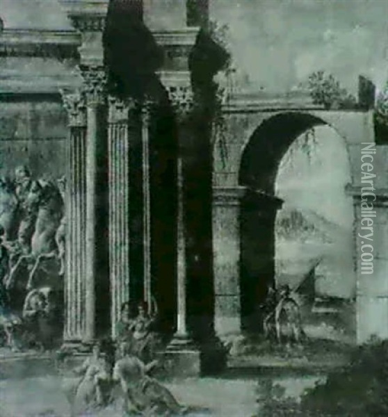 Figures Beside Classical Ruins Oil Painting - Alberto Carlieri