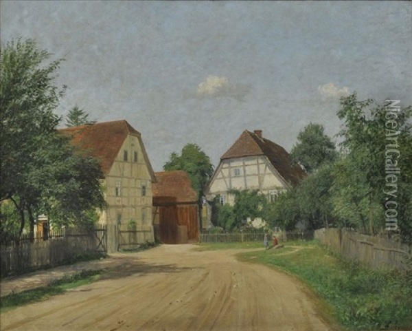 Dorfstrase In Moschwig Bei Schmiedeberg (landkreis Wittenberg) Oil Painting - Emil Zschimmer