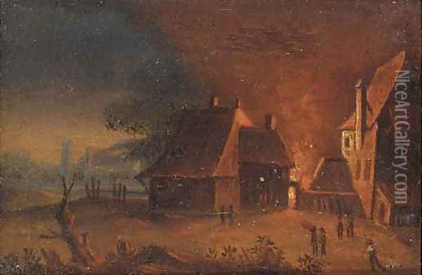 A fire at the farm Oil Painting - Egbert van der Poel
