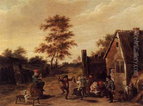 Village Scene With Peasants Dancing In The Courtyard Of An In Oil Painting - Thomas Van Apshoven