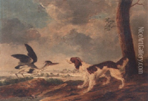A Spaniel And A Heron In A Landscape Oil Painting - Abraham Danielsz Hondius