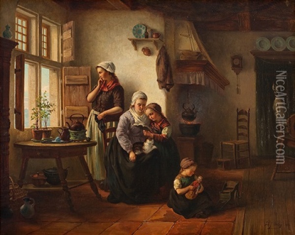 Interieur Mit Zwei Frauen Und Zwei Madchen Oil Painting - Johannes Jacobus Paling