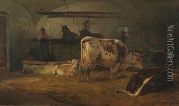 Bauernmagd In Einem Kuhstall Mit Drei Kuhen Und Zwei Pferden Oil Painting - Ludwig Gebhardt