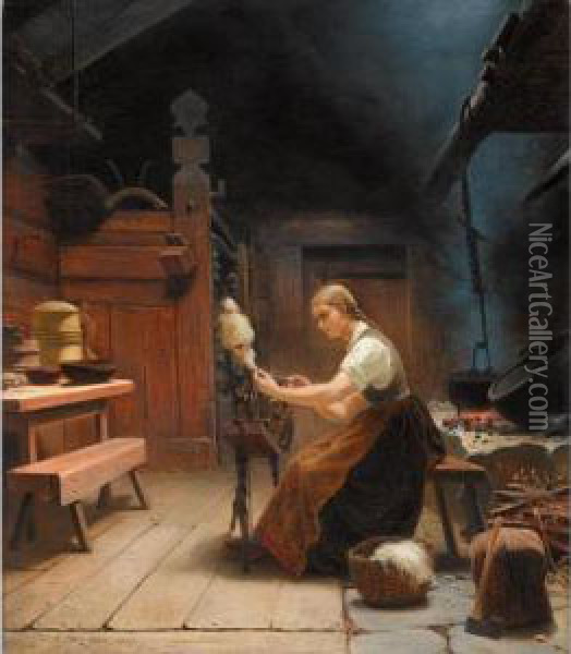 Kvinne Ved Rokken I Bondeinterior (woman Spinning Wool) Oil Painting - Knud Bergslien
